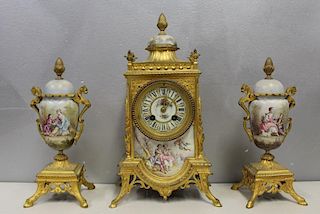 French Dore Bronze And Porcelain Clock Garniture