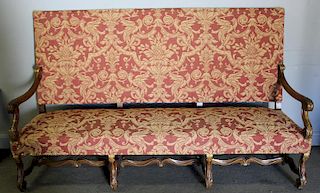 Antique Carved And Upholstered High Back Settee .