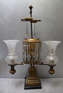 Antique Bronze Argand lamp With etched Glass