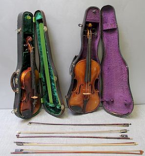 Lot Of 2 Violins And Bows In Cases .