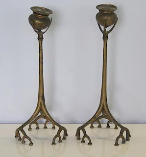 Pair of Tiffany Studios Bronze Root Candlesticks.