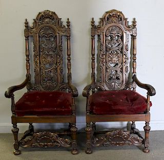 Pair of Antique Highly Carved Throne Chairs.