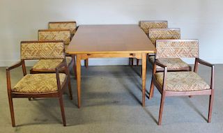 Midcentury Dining Set with 6 Jens Risom Chairs.