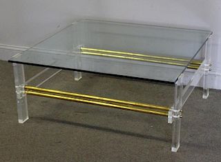 Midcentury Lucite and Brass Stretcher Coffee Table