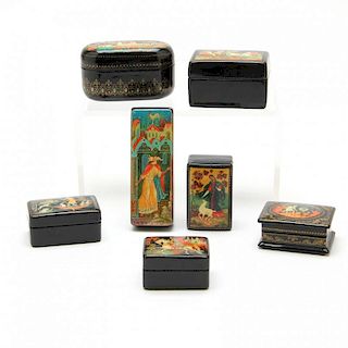 Seven Miniature Russian Lacquered Boxes