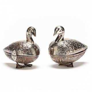 Pair of Egyptian Silver Duck Form Sweetmeat Boxes