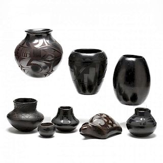 Eight Pieces of Mexican and Native American Blackware Pottery