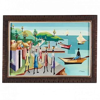 Yves Cameau (Haitian, 20th Century), Cubist Style Harbor Scene