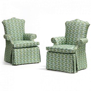 Baker, Pair of Over-Upholstered High Back Arm Chairs