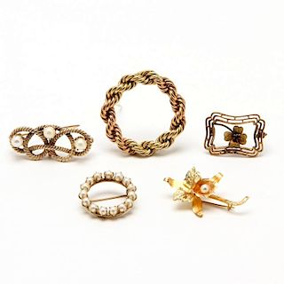 Four Gold Brooches and One Gold Filled Brooch
