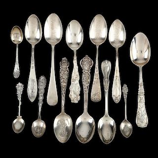 Collection of Thirteen Antique Sterling Silver Souvenir Spoons
