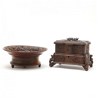 Black Forest Carved Jewelry Casket and Musical Bowl