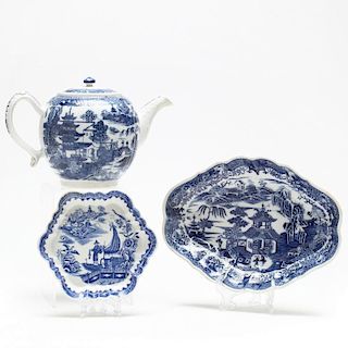 Three Pieces of 18th Century Blue Willow Porcelain