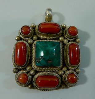 BEAUTIFUL TIBETAN STERLING SILVER RED CORAL AND TURQUOIS PENDANT