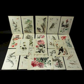 Collection of Nineteen (19) Vintage or Antique Chinese Brush Paintings on Fabric