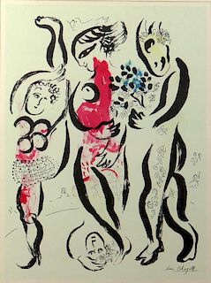 Marc Chagall (Russian, active in France, 1887 – 1985) Three Acrobats, 1956. Color Lithograph Poster in Frame