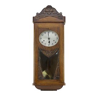 Antique French Art Deco Carved Wood Wall Clock. Includes key and pendulum, missing weights