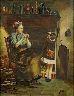 19th Century G.Wessel Oil on Canvas Painting of A Woman in a Rocking Chair with Child by a Fireplace