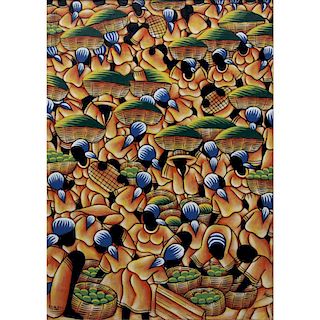 Colorful Haitian Oil On Canvas "Busy Marketplace"