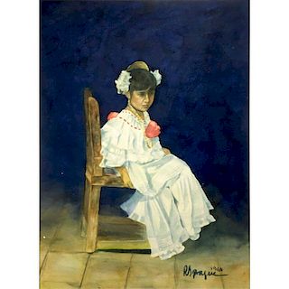 Peruvian Watercolor "Posing Seated Young Girl"