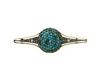 Antique 14K Gold Diamond Turquoise Pin Brooch
