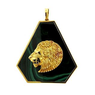 Large 1970s 18k Gold Malachite Lion Pendant