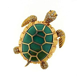 Large 14k Gold Diamond Turquoise Turtle Brooch