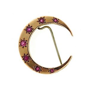 Antique 14k Gold Red Stone Crescent Brooch Pin