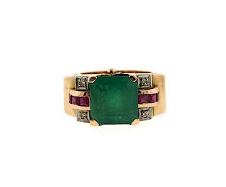 Retro 18k Gold Ruby Emerald Diamond Ring