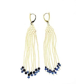 14k Gold Seed Pearl Sapphire Long Drop Earrings