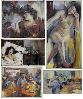 Lot of 9 Unsigned Figural Oils on Canvas.
