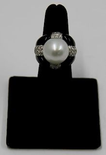 JEWELRY. 18kt, Onyx, Pearl, and Diamond Ring.