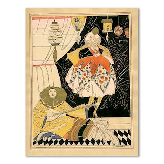 J. Chauvin, Pierrot With A Dancing Woman, Art Deco Pochoir, 1920’s