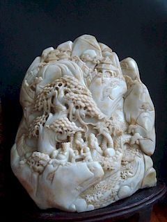 OLD Chinese Celadon White Jade Mountain Carvings. 21" high, 95 lbs.