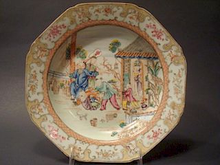 ANTIQUE Chinese Famille Rose Shallow Bowl with courtyard figurines, late 18th century.  9 1/4" diameter
