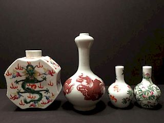 OLD Chinese Famille Rose Dragon Bottle and vases, marked
