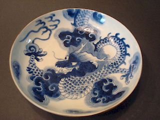 ANTIQUE Chinese Blue and White Dragon Shallow Bowl, Kangxi marked and period. 6 1/2" W x 1 1/2" H
