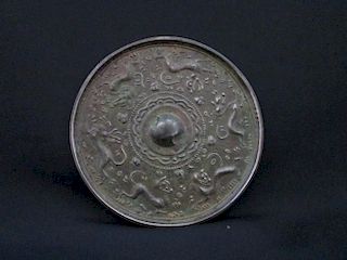 ANTIQUE Chinese Bronze Mirror with Beasts. 10.3cm