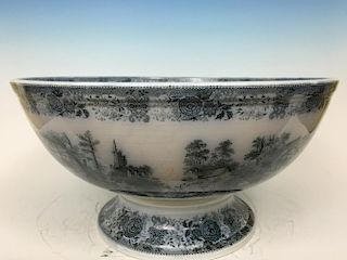 ANTIQUE German Huge Punch Bowl with Blue and White paintings, 19th Century. 19 1/2" x 10" H