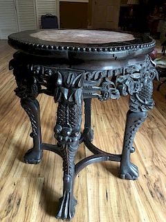 ANTIQUE Chinese large wood and mable Round top stand, 19th Century. 23" high x 18 1/2" diameter.