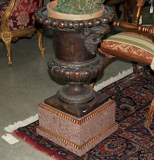CLASSICAL EMBOSSED BRONZE DOUBLE HANDLED URN ON MARBLE PLINTH