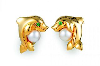 A Pair of Gold Pearl and Emerald Dolphin Earrings, by Cartier