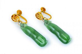 A Pair of Chinese Gold and Jade Snow Peas Earrings