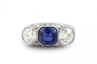 An Edwardian Three Stone Sapphire and Diamond Ring