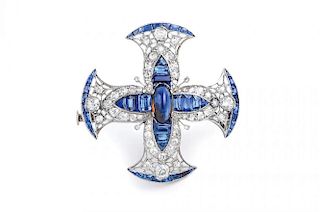 An Art Deco Platinum Sapphire Maltese Cross Brooch Pendant