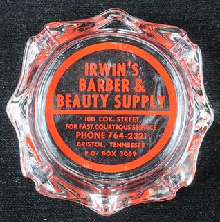 1962 Irwin's Barber & Beauty Supply Ashtray  Irwin  Tennessee Glass Ashtray Chicago, Illinois