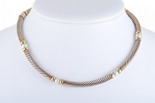 A Silver, Gold, and Pearl Cable Necklace, by David Yurman