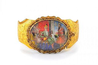 An Antique Persian Miniature Painting Brass Bangle, No Reserve