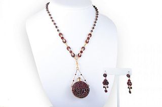 A Bohemian Garnet Victorian Parfum Bottle Necklace and Pair of Earrings