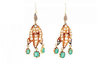 A Pair of Antique Diamond and Emerald Drop Earrings